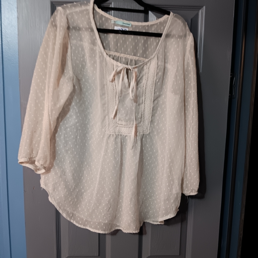 Maurices Cream Swiss Dot Peasant Blouse with Tie Neck